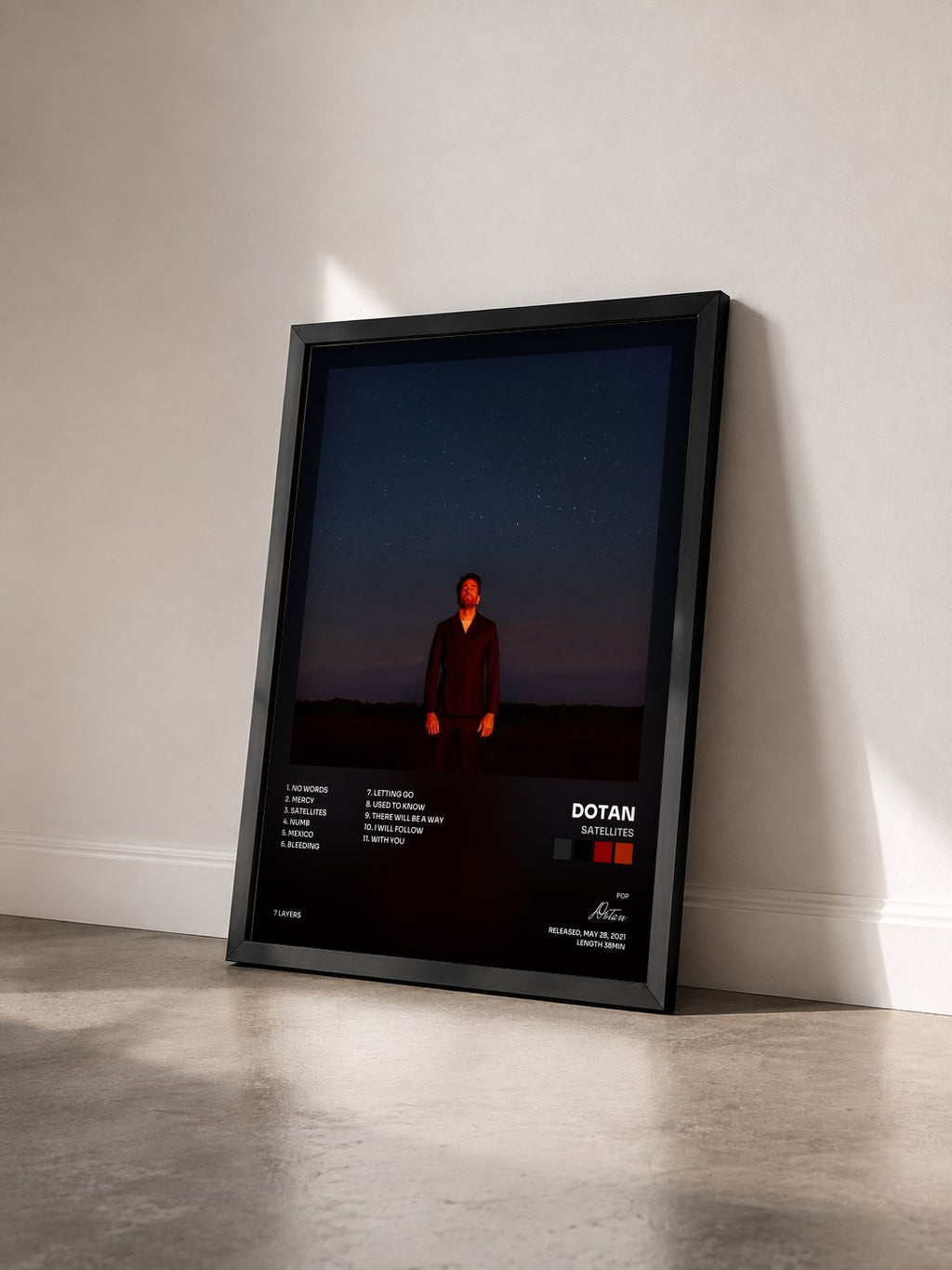 #noir Tableau de l'album Satellites de Dotan vu de trois quarts, cadre noir