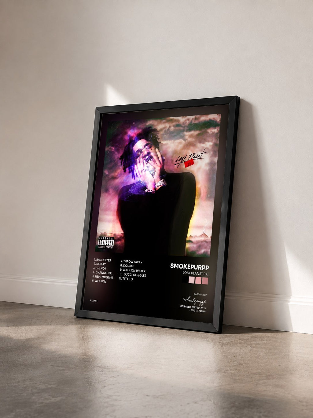 #noir Tableau de l'album Lost Planet 2.0 de Smokepurpp vu de trois quarts, cadre noir