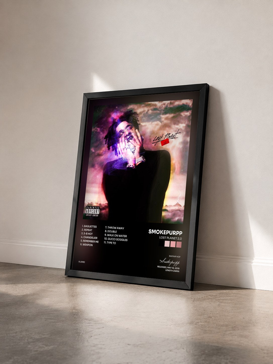 #noir Tableau de l'album Lost Planet 2.0 de Smokepurpp vu de trois quarts, cadre noir