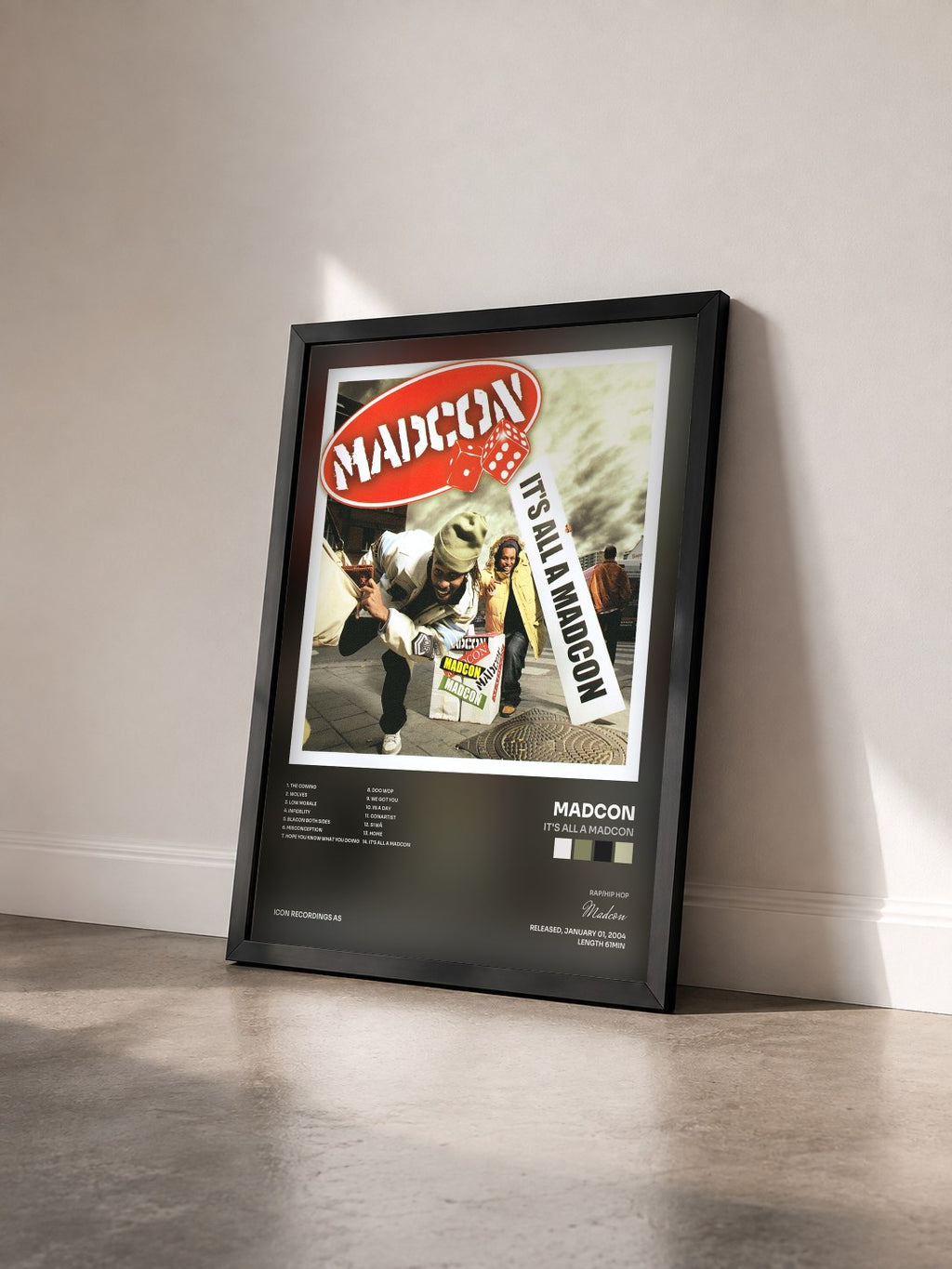#noir Tableau de l'album It's All a Madcon de Madcon vu de trois quarts, cadre noir