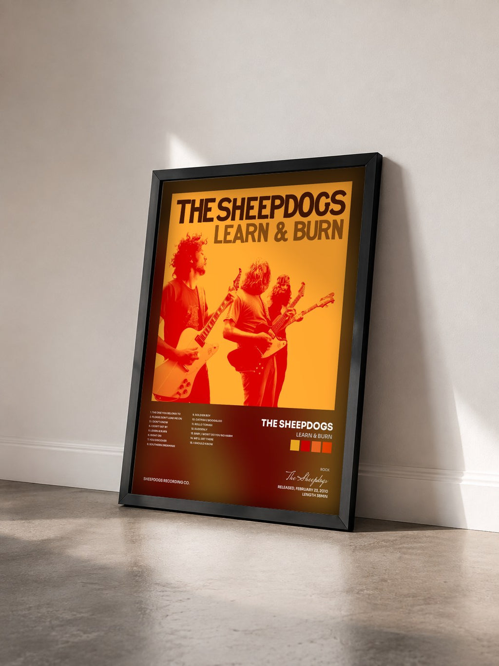 #noir Tableau de l'album Learn & Burn de The Sheepdogs vu de trois quarts, cadre noir
