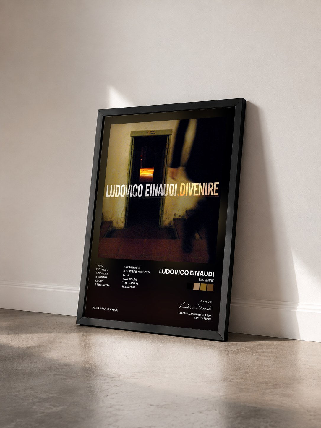 #noir Tableau de l'album Divenire de Ludovico Einaudi vu de trois quarts, cadre noir