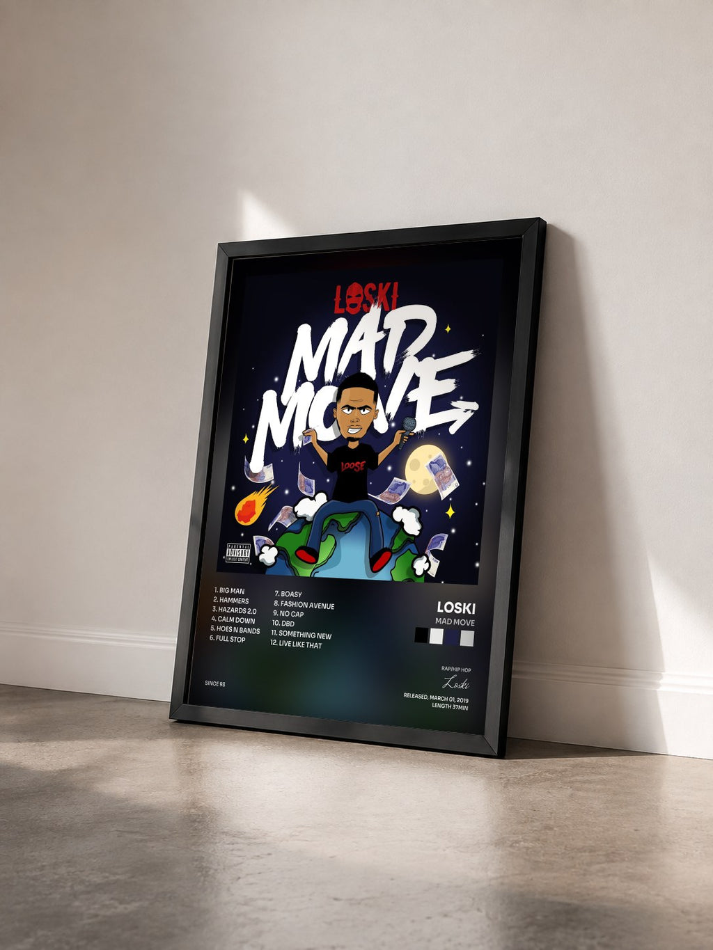 #noir Tableau de l'album Mad Move de Loski vu de trois quarts, cadre noir