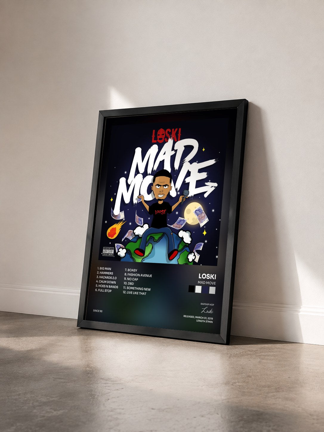 #noir Tableau de l'album Mad Move de Loski vu de trois quarts, cadre noir