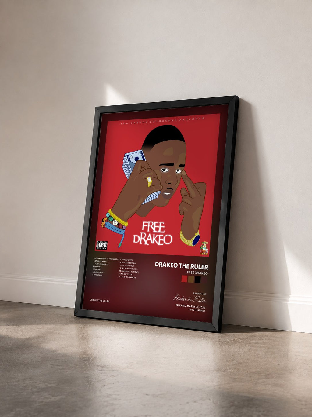 #noir Tableau de l'album Free Drakeo de Drakeo the Ruler vu de trois quarts, cadre noir