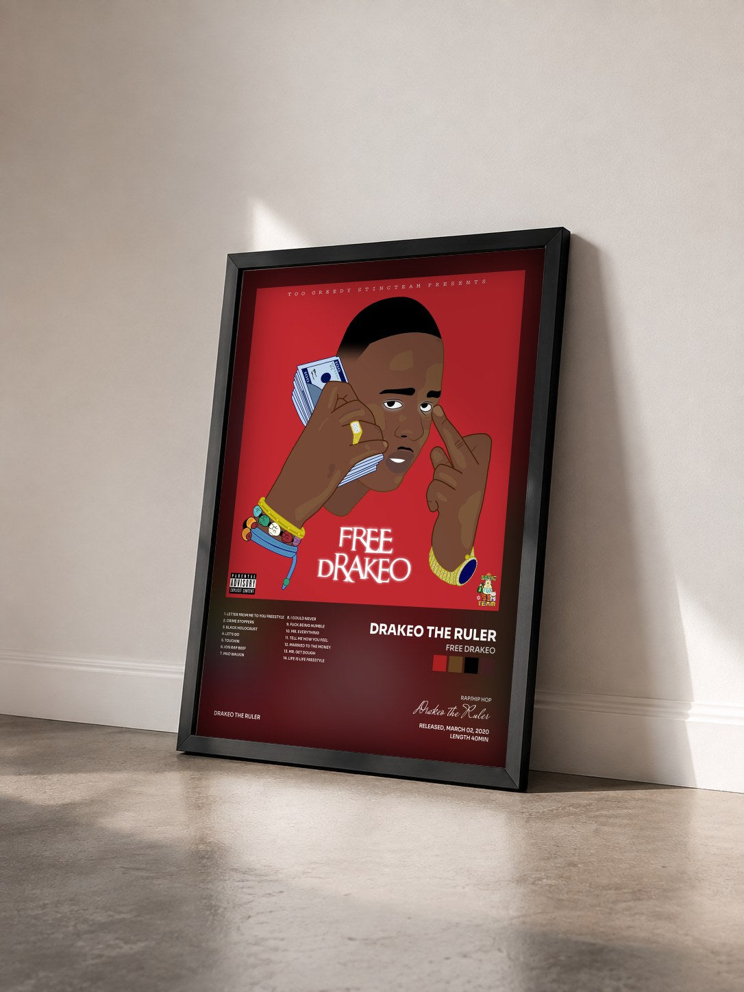#noir Tableau de l'album Free Drakeo de Drakeo the Ruler vu de trois quarts, cadre noir