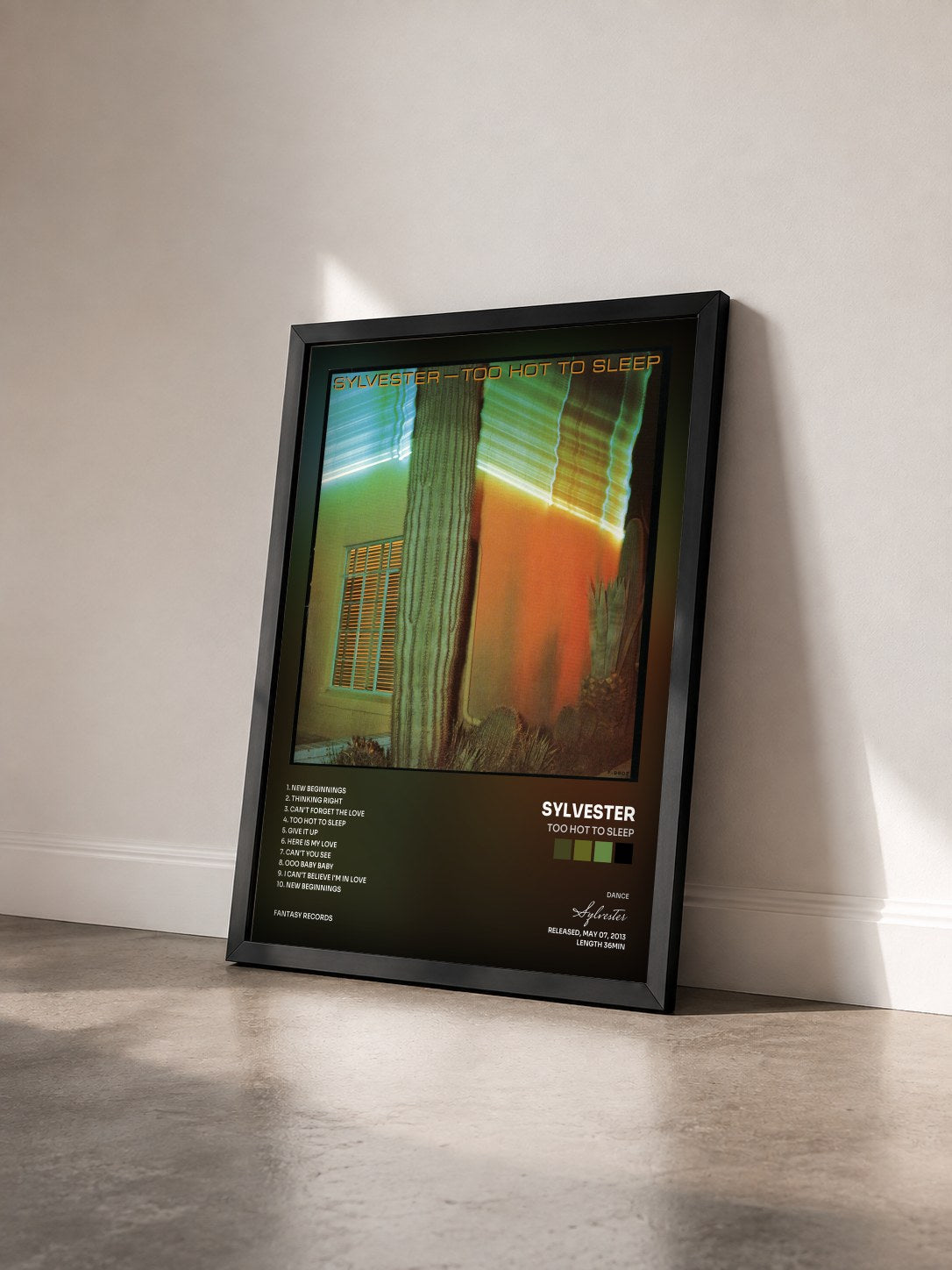 #noir Tableau de l'album Too Hot To Sleep de Sylvester vu de trois quarts, cadre noir
