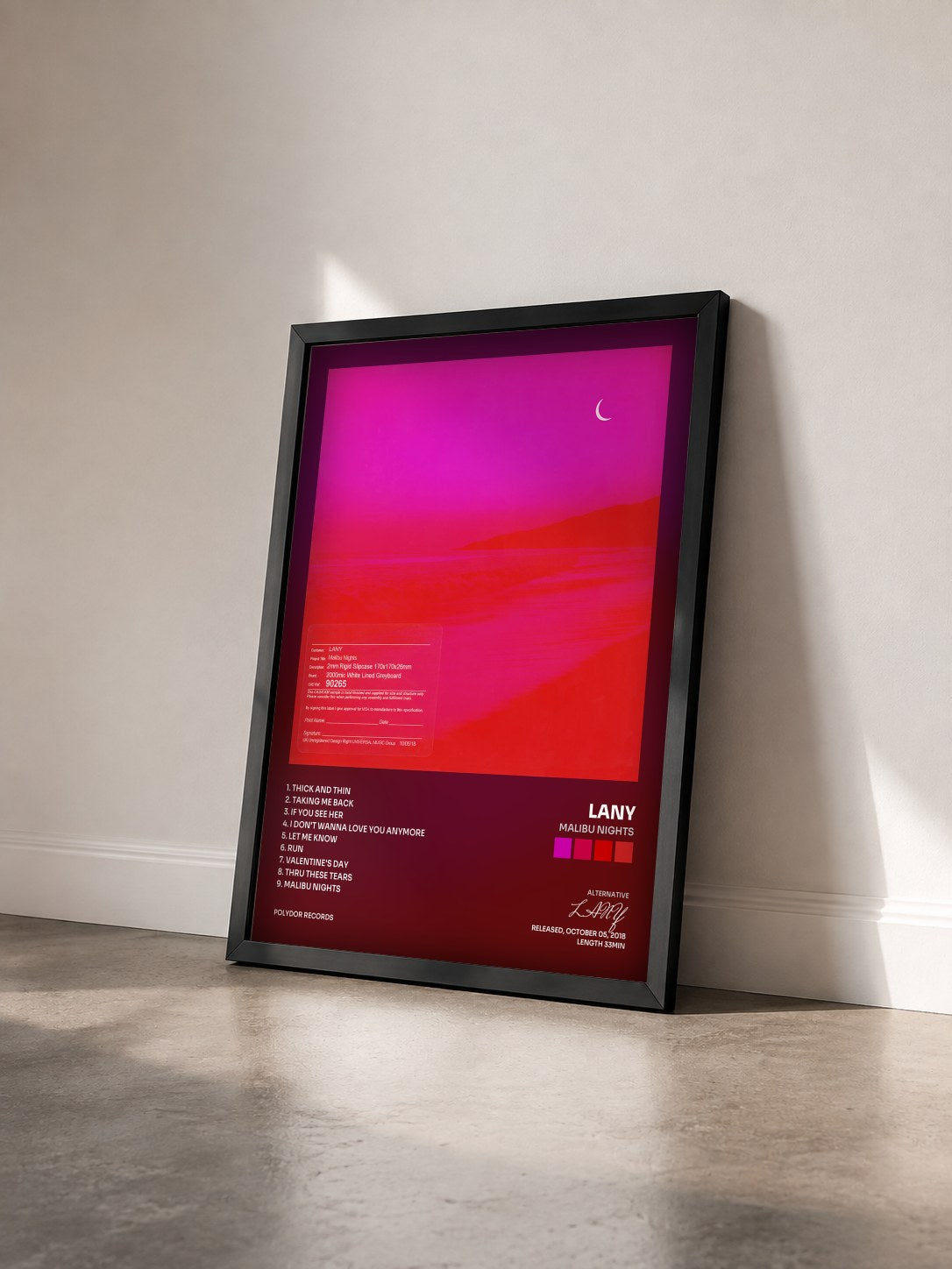 #noir Tableau de l'album Malibu Nights de LANY vu de trois quarts, cadre noir
