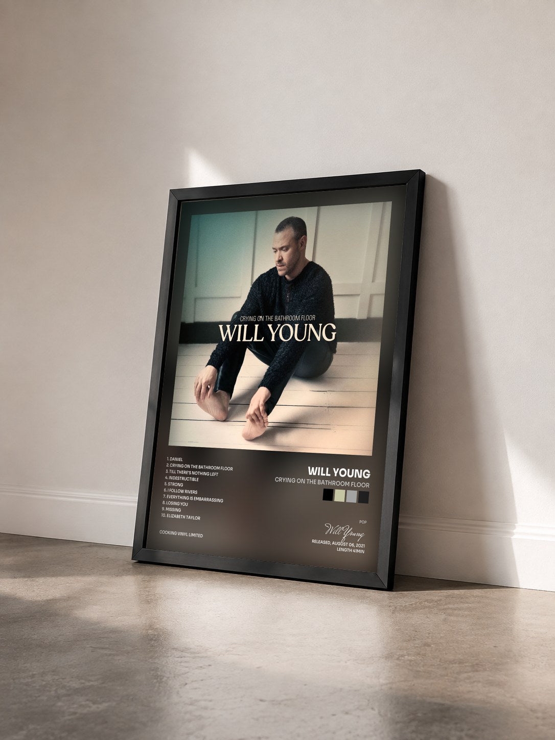 #noir Tableau de l'album Crying on the Bathroom Floor de Will Young vu de trois quarts, cadre noir