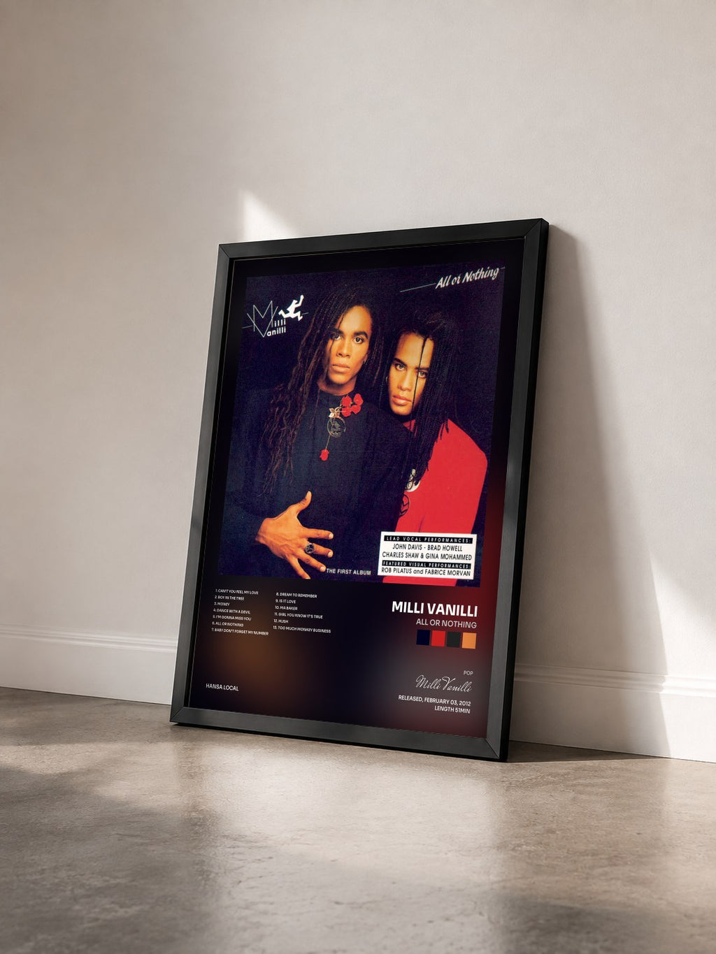 #noir Tableau de l'album All Or Nothing de Milli Vanilli vu de trois quarts, cadre noir