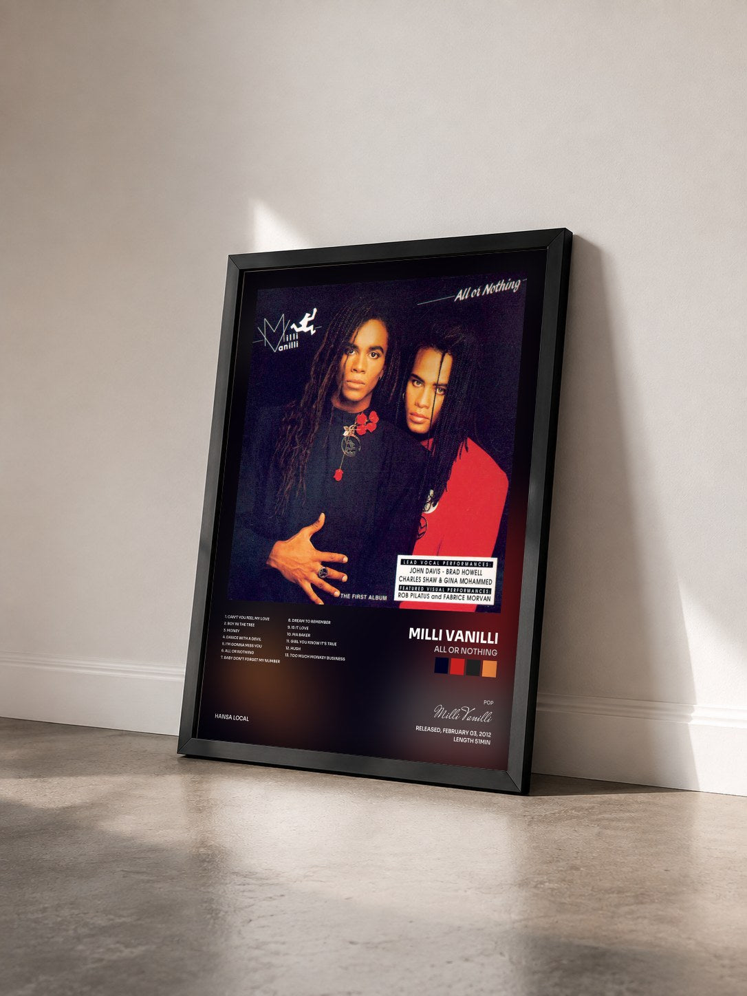 #noir Tableau de l'album All Or Nothing de Milli Vanilli vu de trois quarts, cadre noir