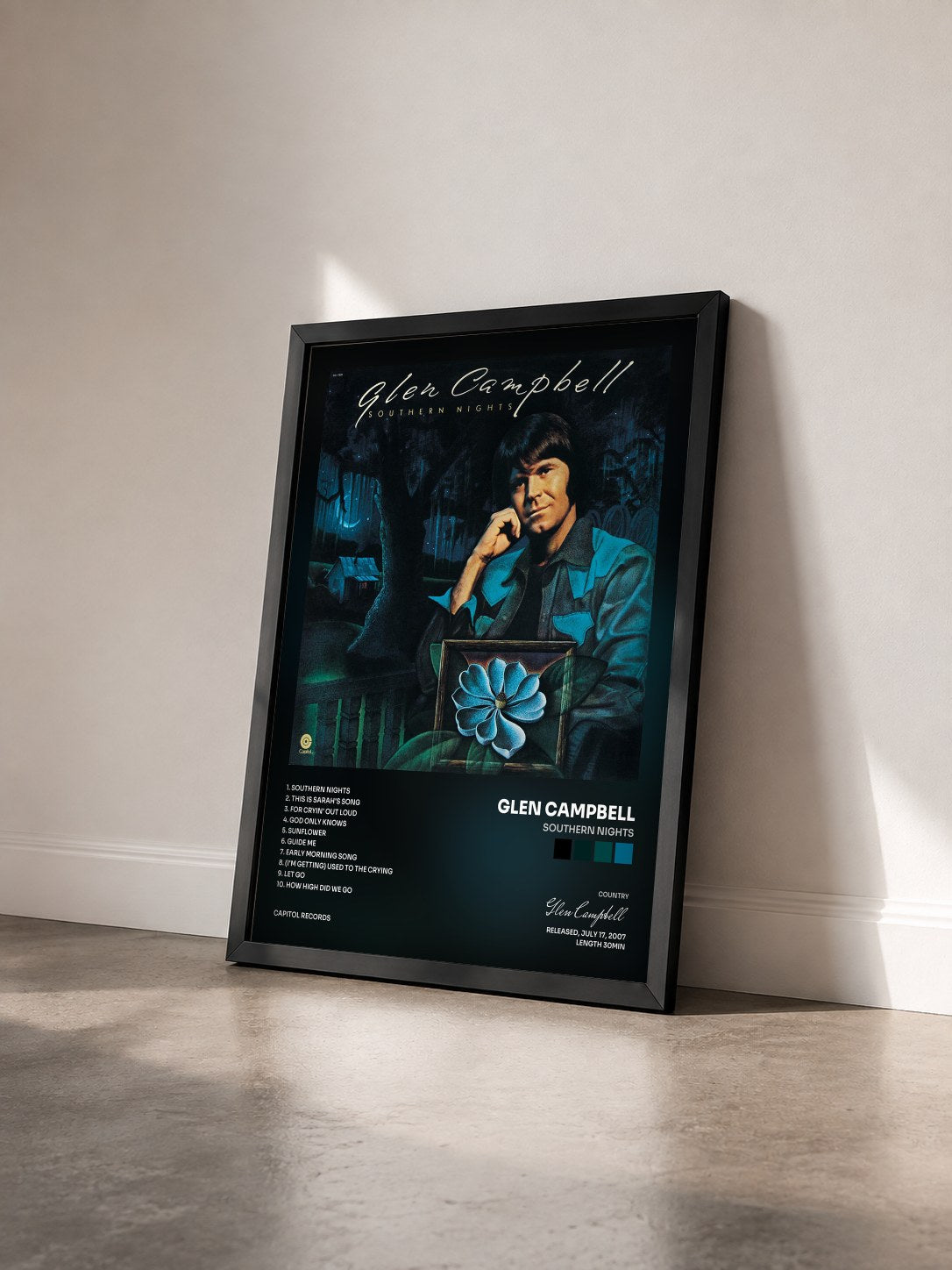 #noir Tableau de l'album Southern Nights de Glen Campbell vu de trois quarts, cadre noir