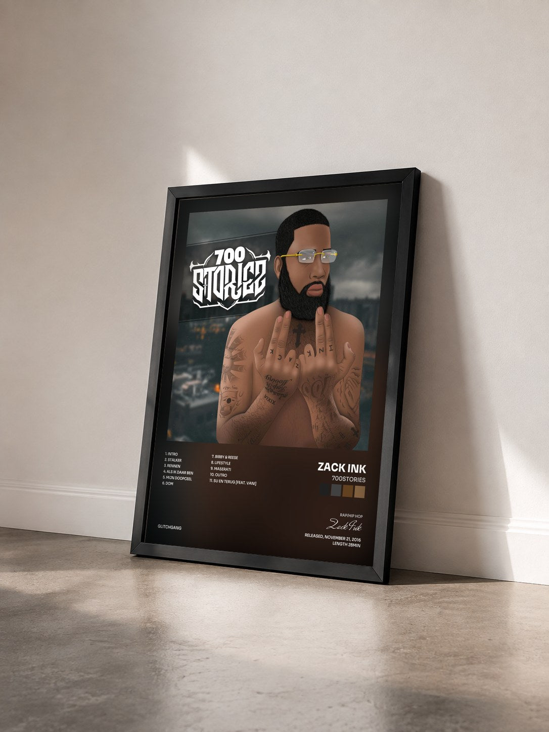#noir Tableau de l'album 700stories de Zack Ink vu de trois quarts, cadre noir