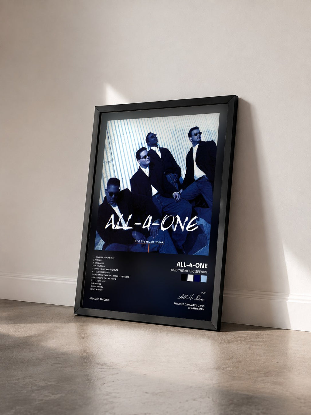 #noir Tableau de l'album And the Music Speaks de All-4-One vu de trois quarts, cadre noir