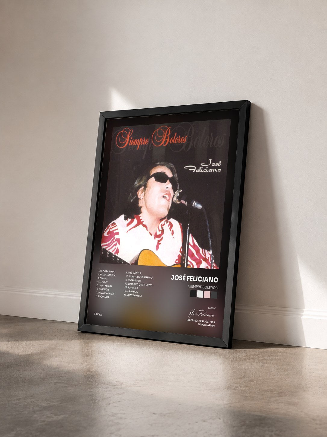 #noir Tableau de l'album Siempre Boleros de José Feliciano vu de trois quarts, cadre noir
