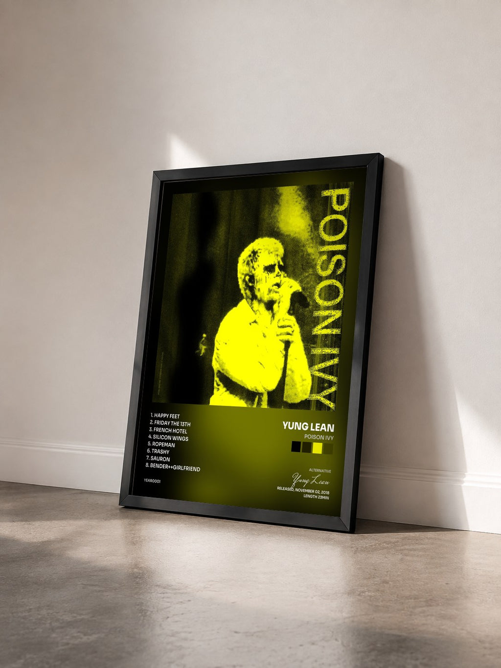 #noir Tableau de l'album Poison Ivy de Yung Lean vu de trois quarts, cadre noir