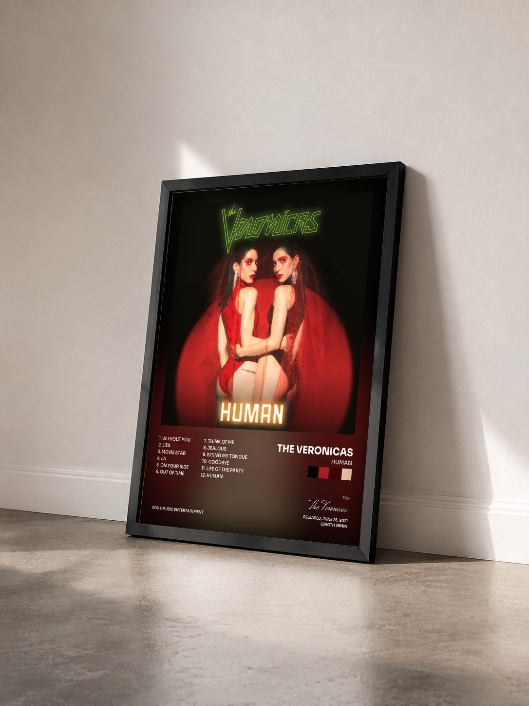 #noir Tableau de l'album HUMAN de The Veronicas vu de trois quarts, cadre noir