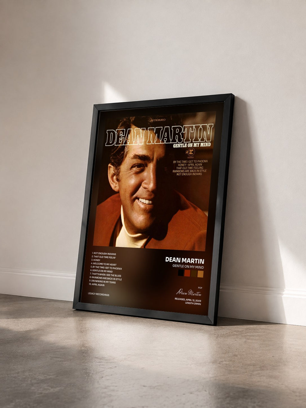 #noir Tableau de l'album Gentle On My Mind de Dean Martin vu de trois quarts, cadre noir