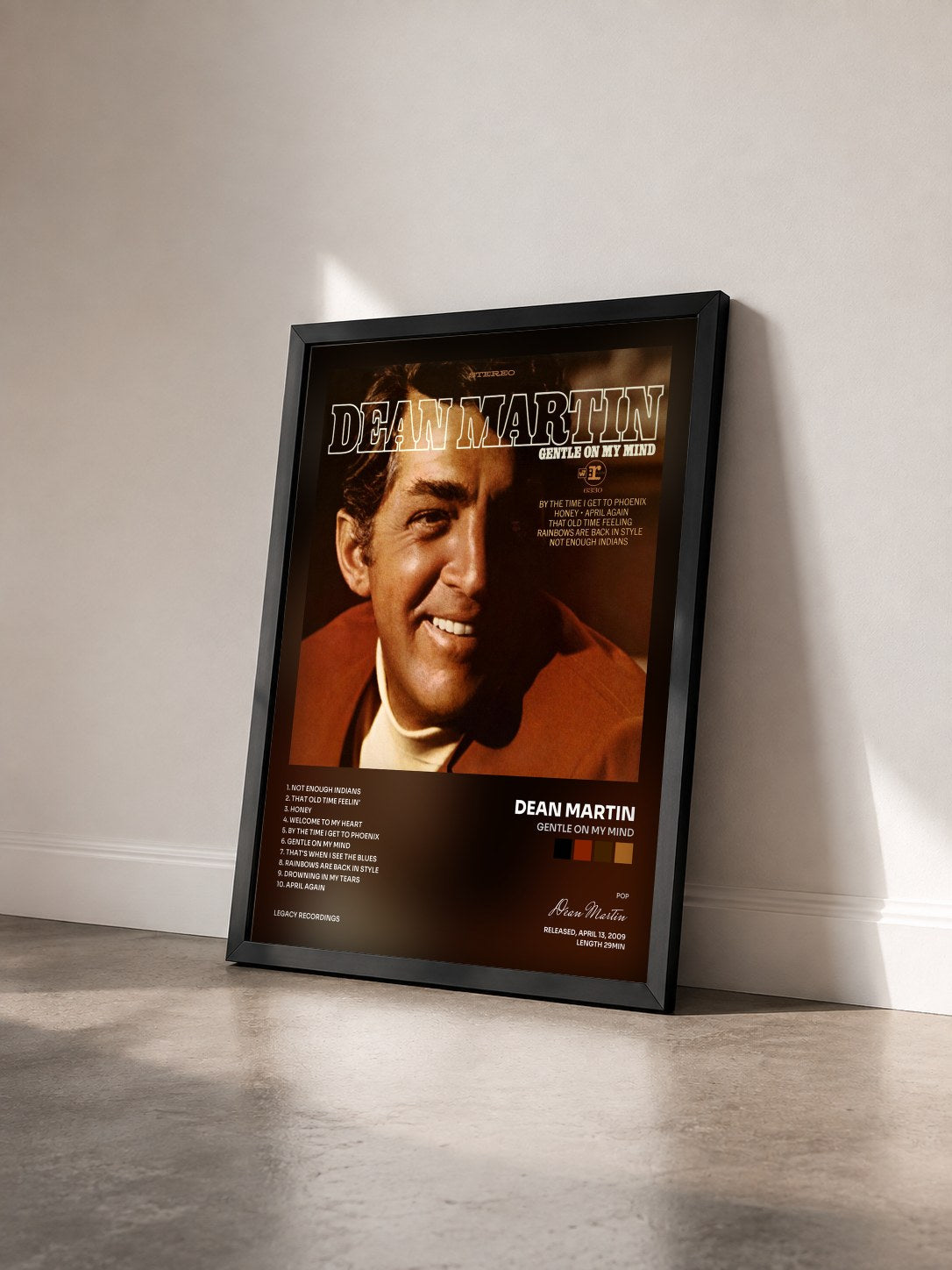 #noir Tableau de l'album Gentle On My Mind de Dean Martin vu de trois quarts, cadre noir
