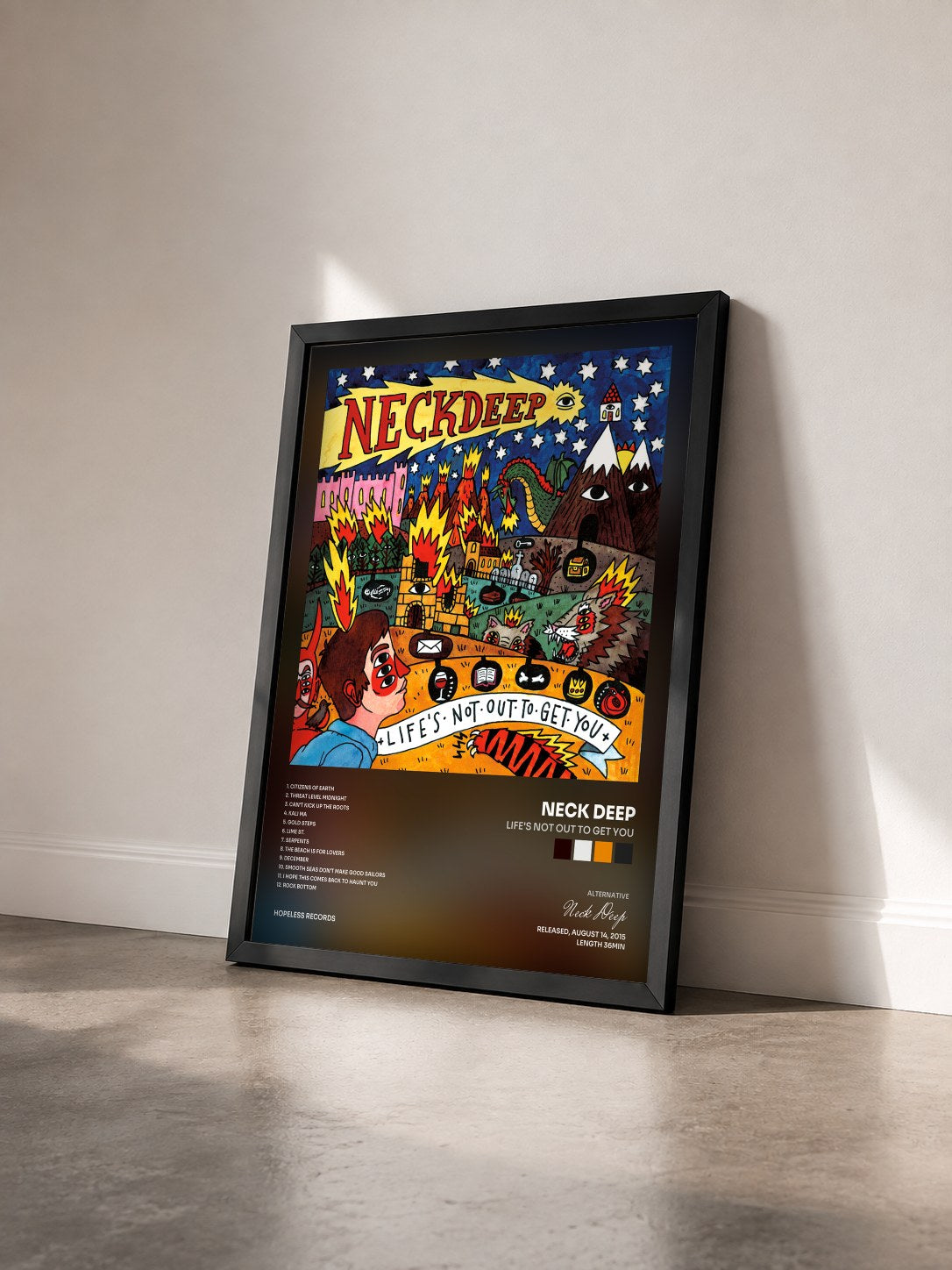#noir Tableau de l'album Life's Not Out To Get You de Neck Deep vu de trois quarts, cadre noir