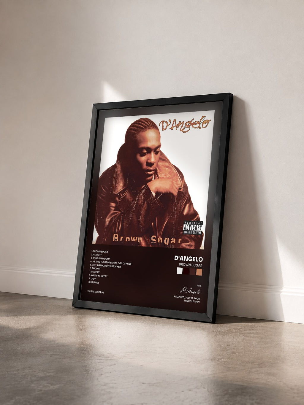 #noir Tableau de l'album Brown Sugar de D'Angelo vu de trois quarts, cadre noir