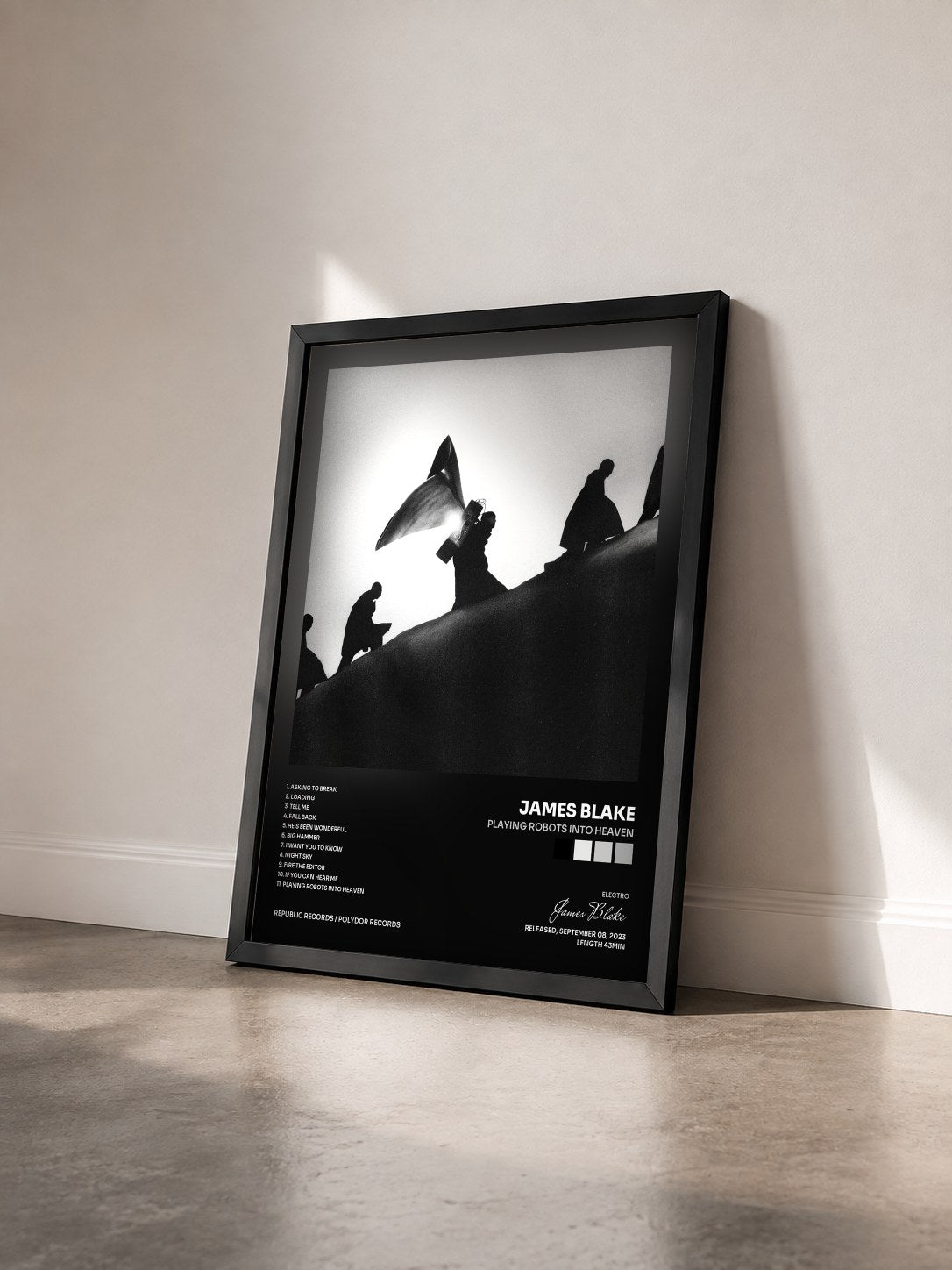#noir Tableau de l'album Playing Robots Into Heaven de James Blake vu de trois quarts, cadre noir