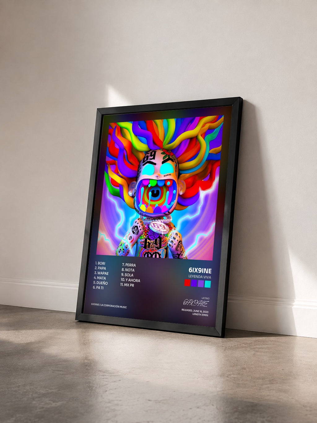 #noir Tableau de l'album Leyenda Viva de 6IX9INE vu de trois quarts, cadre noir