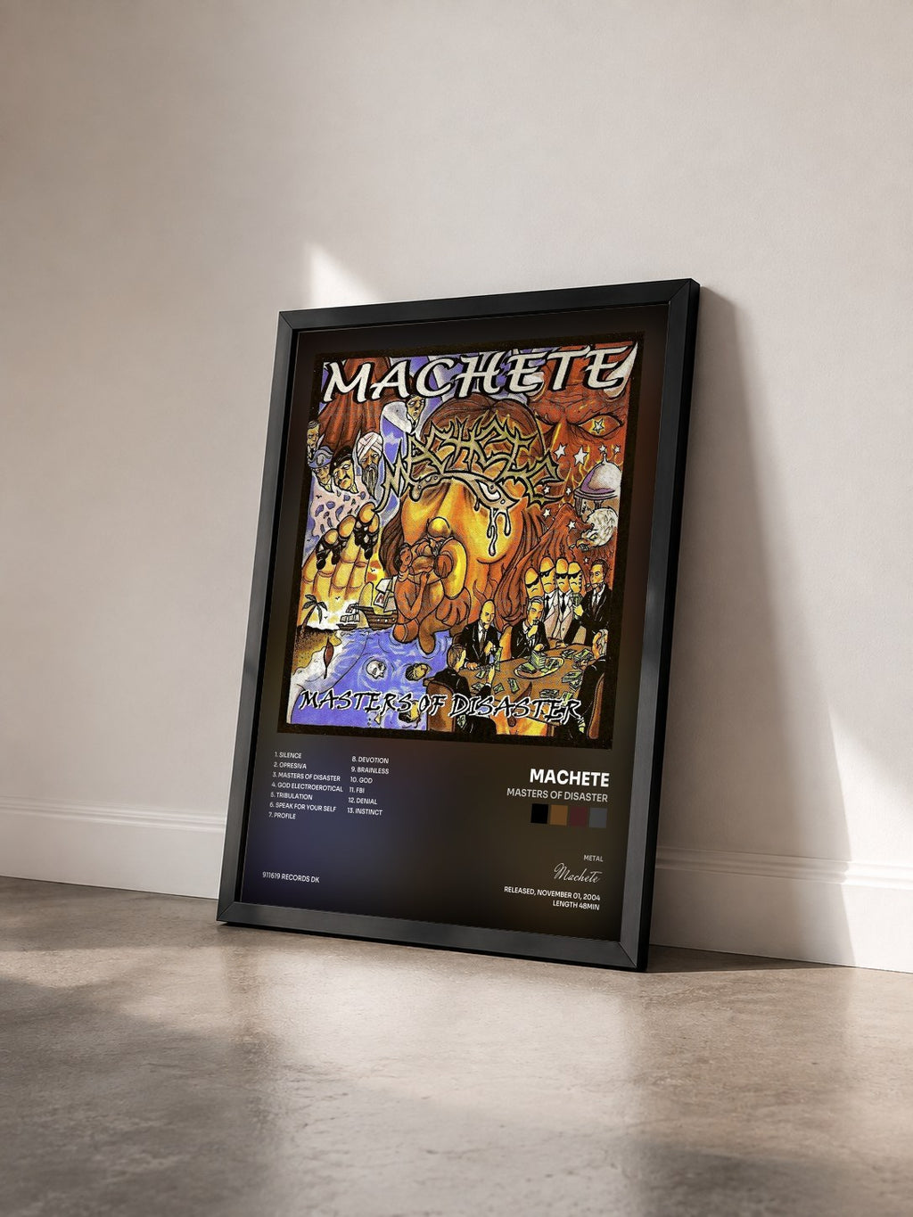 #noir Tableau de l'album Masters of Disaster de Machete vu de trois quarts, cadre noir