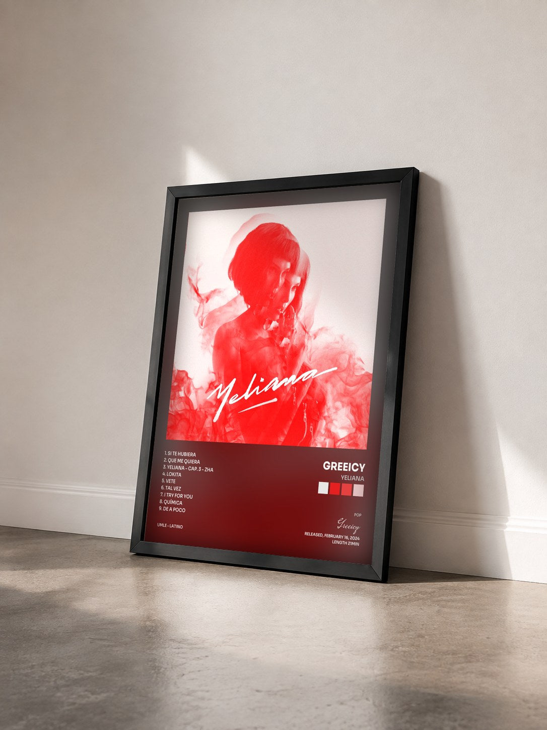 #noir Tableau de l'album YELIANA de Greeicy vu de trois quarts, cadre noir