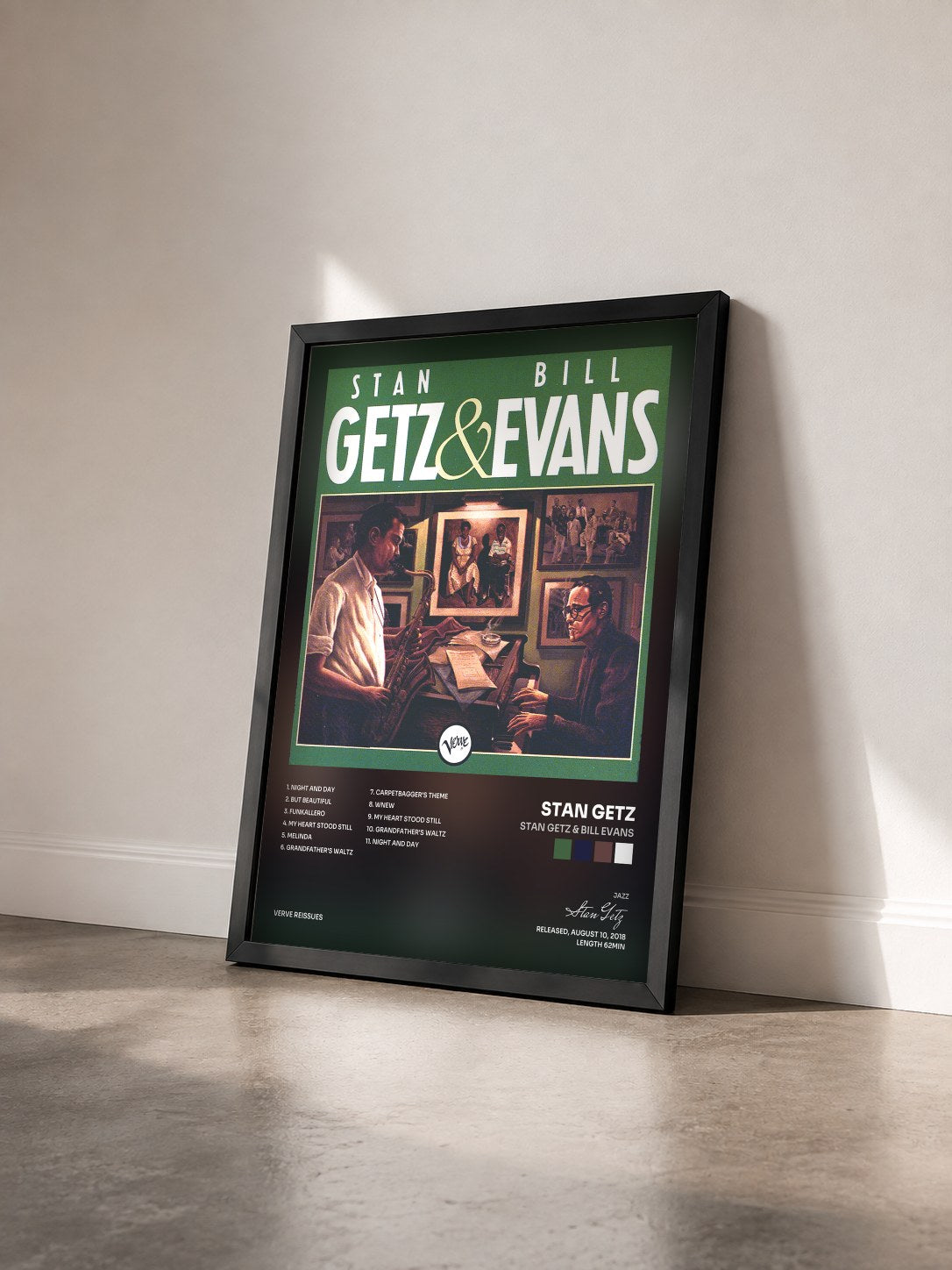 #noir Tableau de l'album Stan Getz & Bill Evans de Stan Getz vu de trois quarts, cadre noir