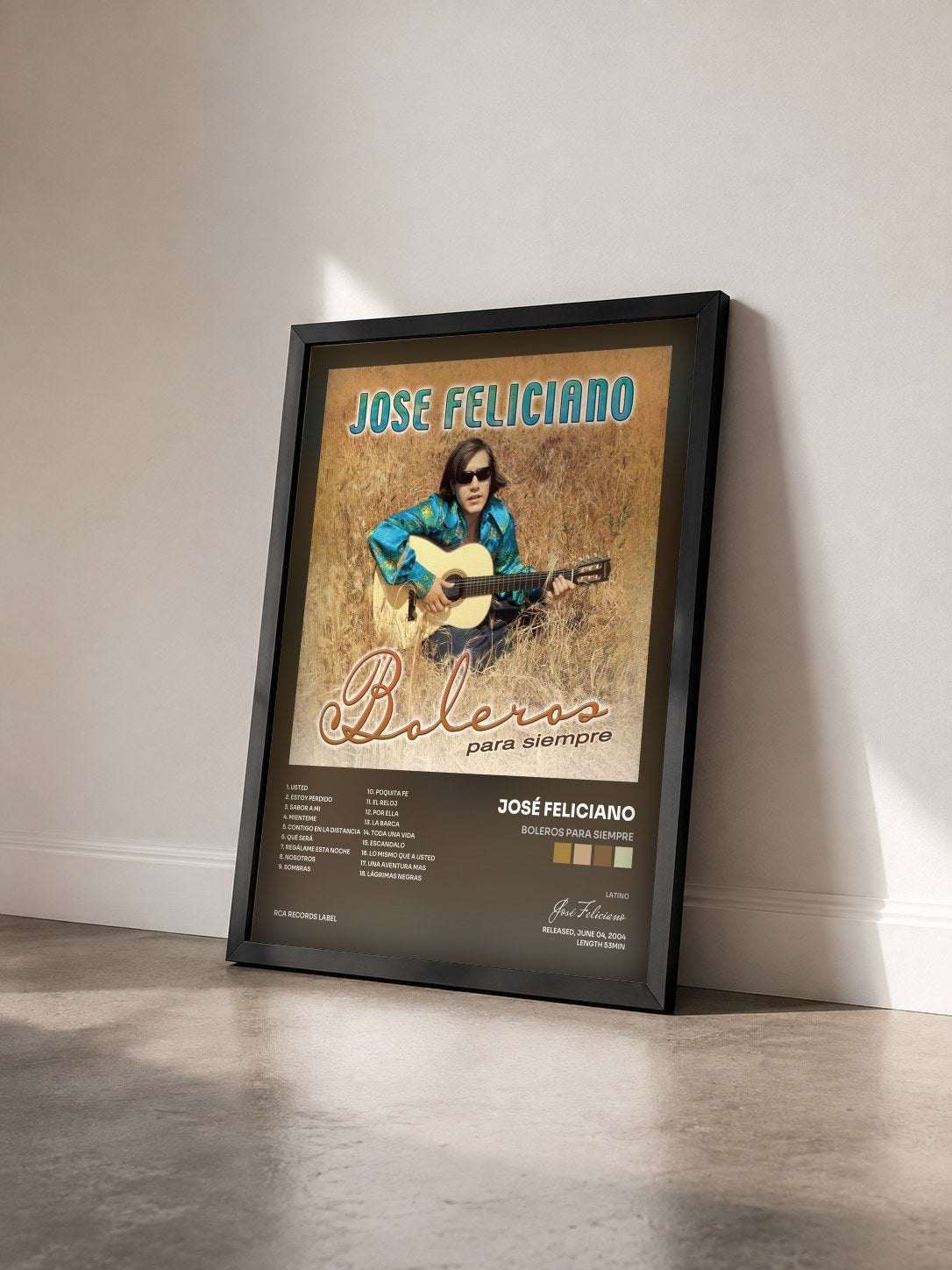 #noir Tableau de l'album Boleros Para Siempre de José Feliciano vu de trois quarts, cadre noir