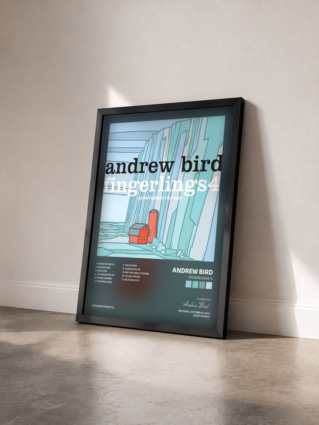 #noir Tableau de l'album Fingerlings 4 de Andrew Bird vu de trois quarts, cadre noir