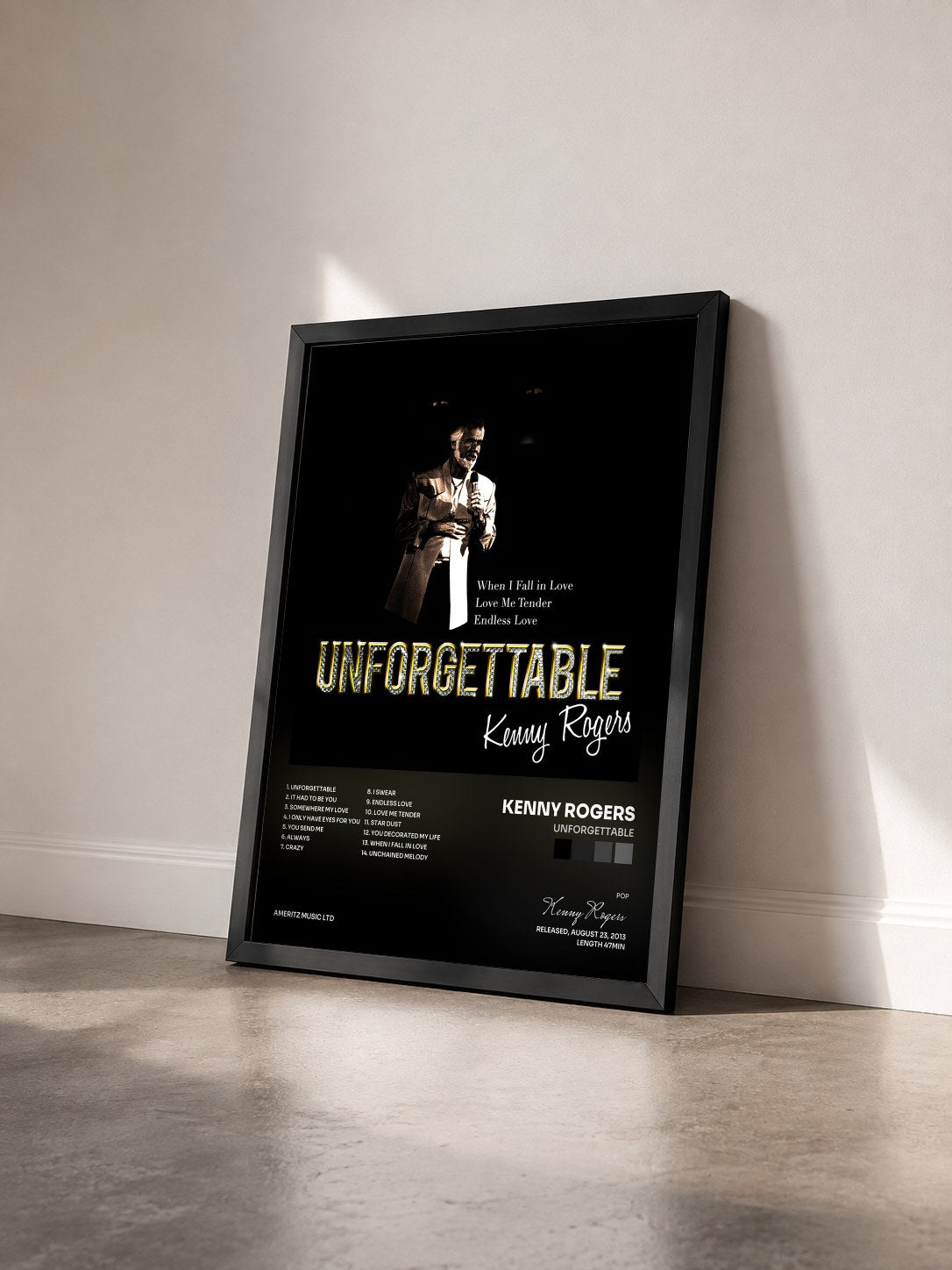 #noir Tableau de l'album Unforgettable de Kenny Rogers vu de trois quarts, cadre noir