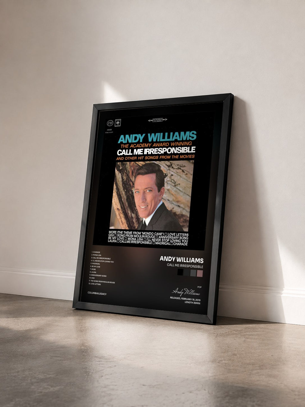 #noir Tableau de l'album Call Me Irresponsible de Andy Williams vu de trois quarts, cadre noir