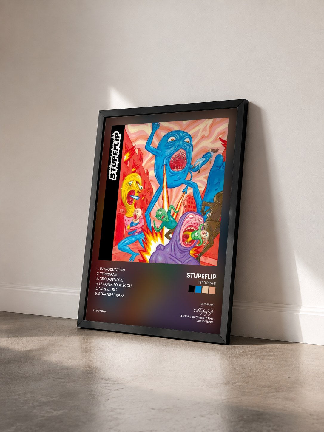 #noir Tableau de l'album Terrora !! de Stupeflip vu de trois quarts, cadre noir