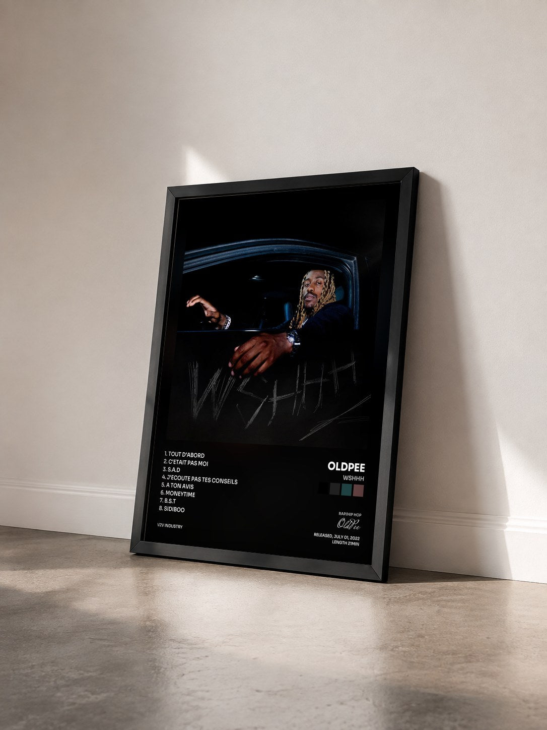 #noir Tableau de l'album WSHHH de OldPee vu de trois quarts, cadre noir