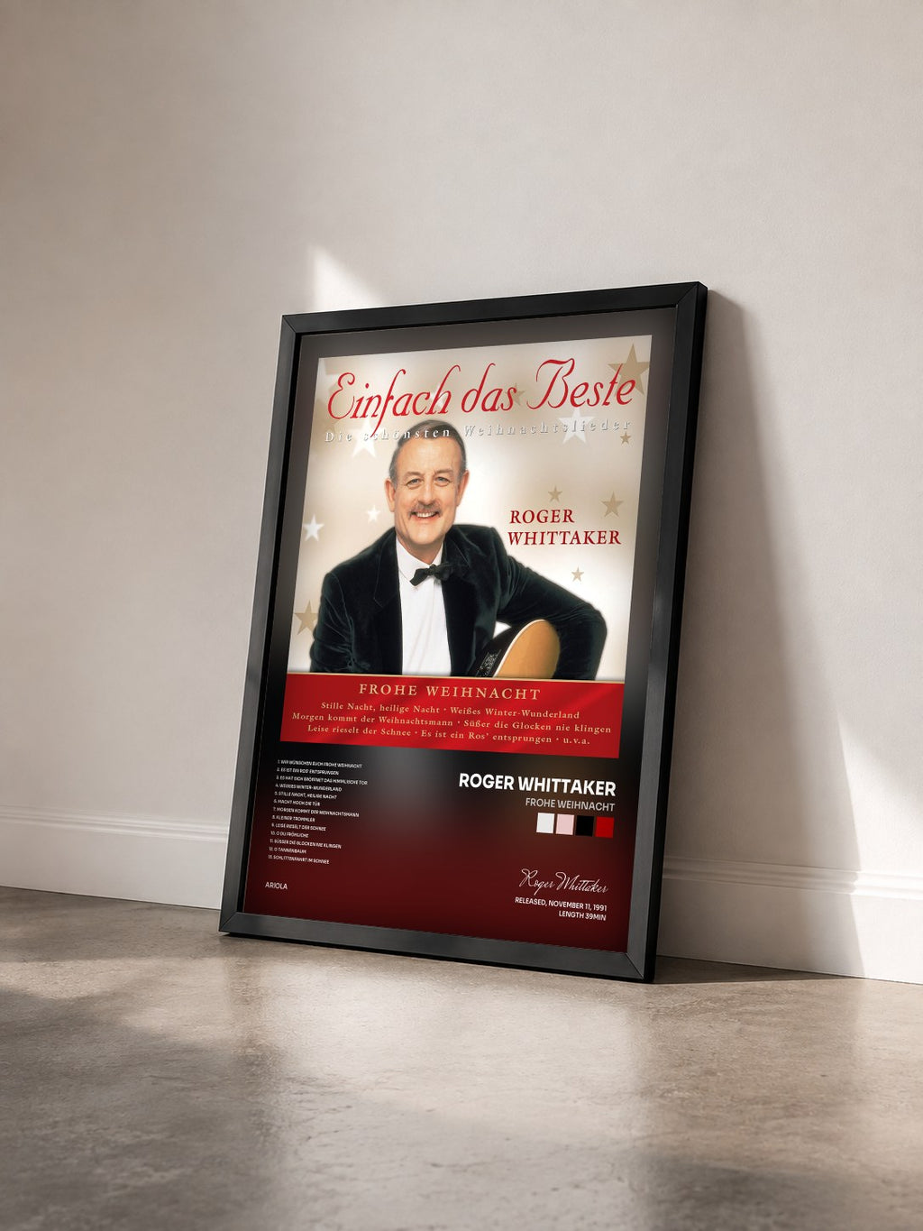 #noir Tableau de l'album Frohe Weihnacht de Roger Whittaker vu de trois quarts, cadre noir