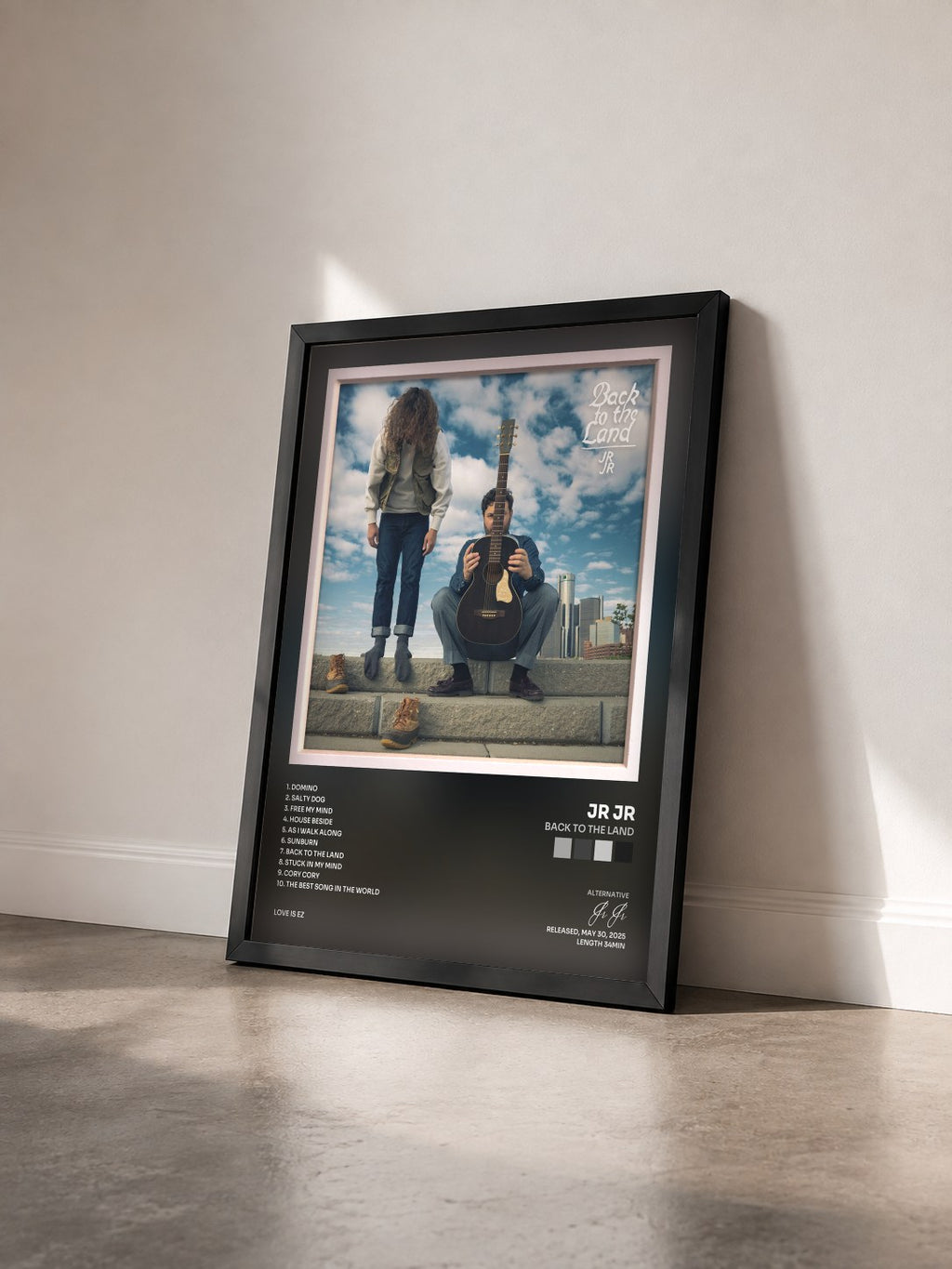 #noir Tableau de l'album Back to the Land de Jr Jr vu de trois quarts, cadre noir