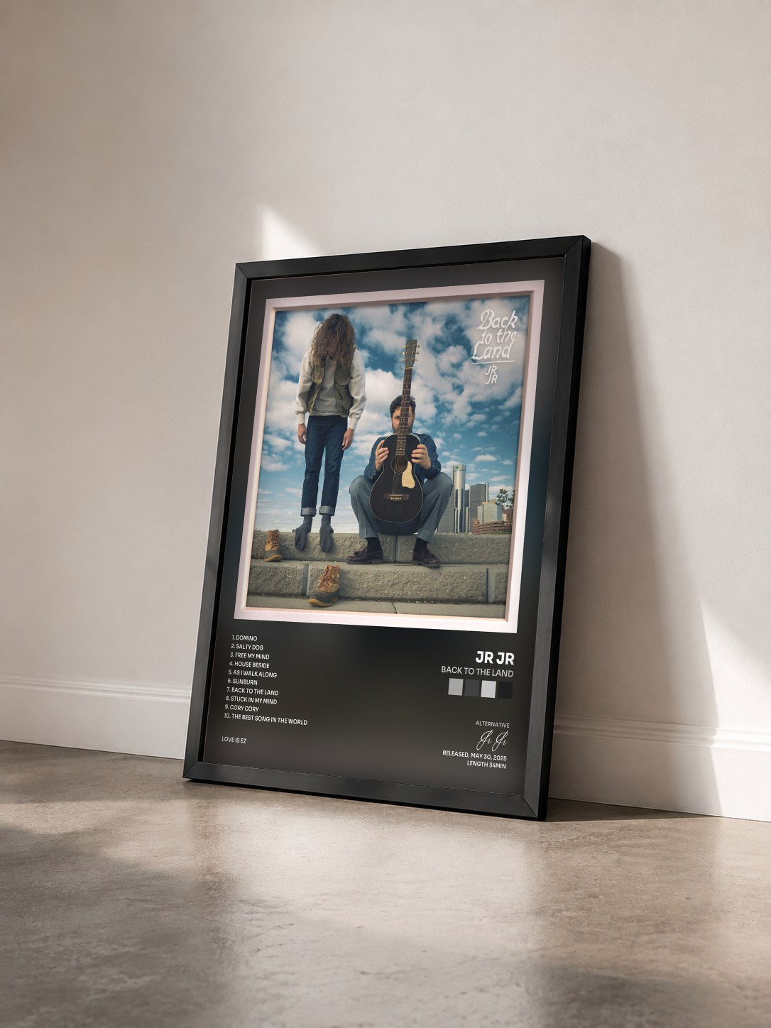 #noir Tableau de l'album Back to the Land de Jr Jr vu de trois quarts, cadre noir
