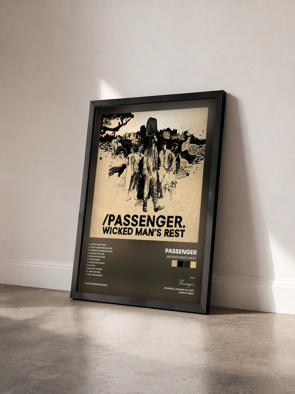 #noir Tableau de l'album Wicked Man's Rest de Passenger vu de trois quarts, cadre noir