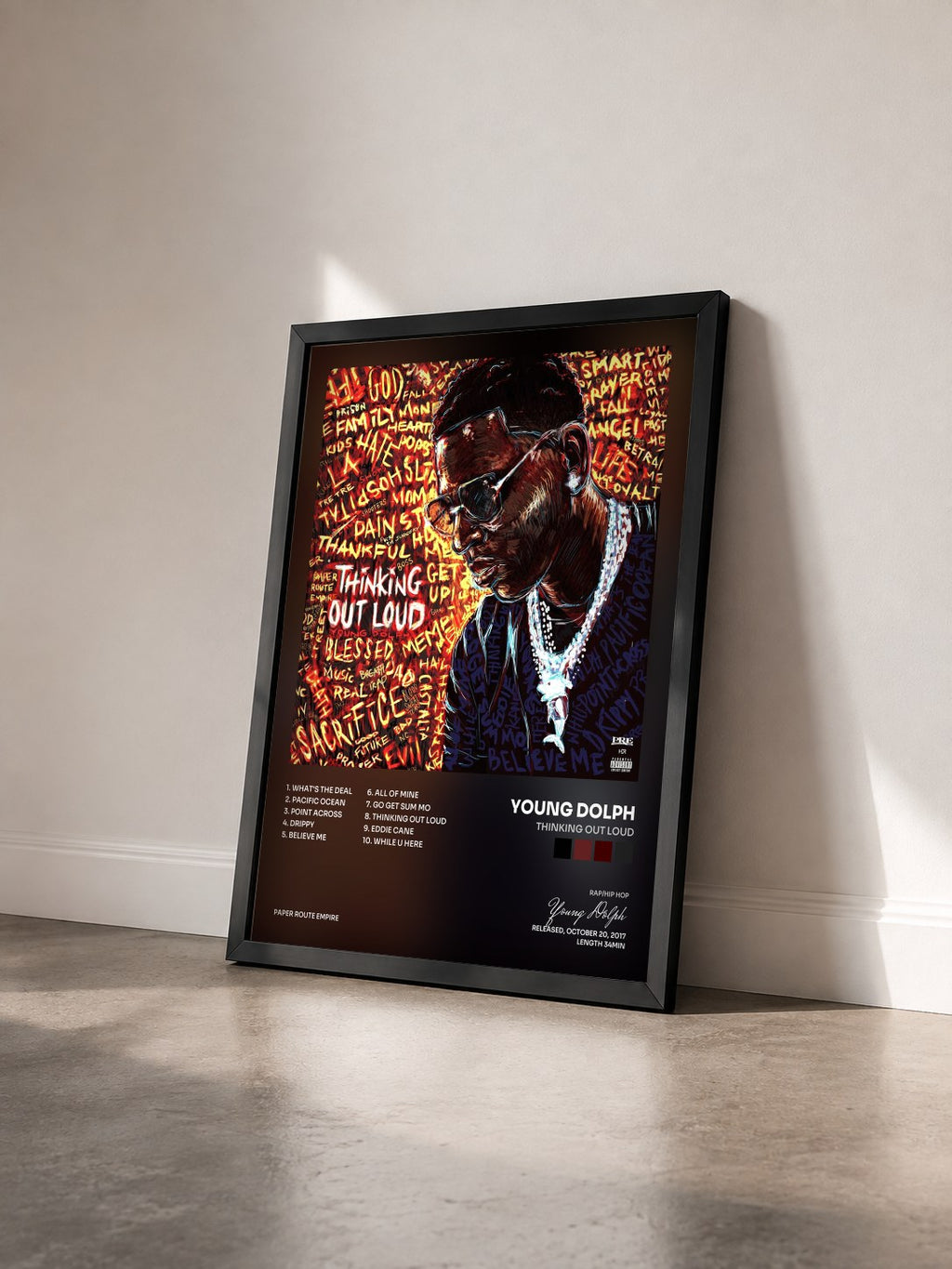 #noir Tableau de l'album Thinking Out Loud de Young Dolph vu de trois quarts, cadre noir