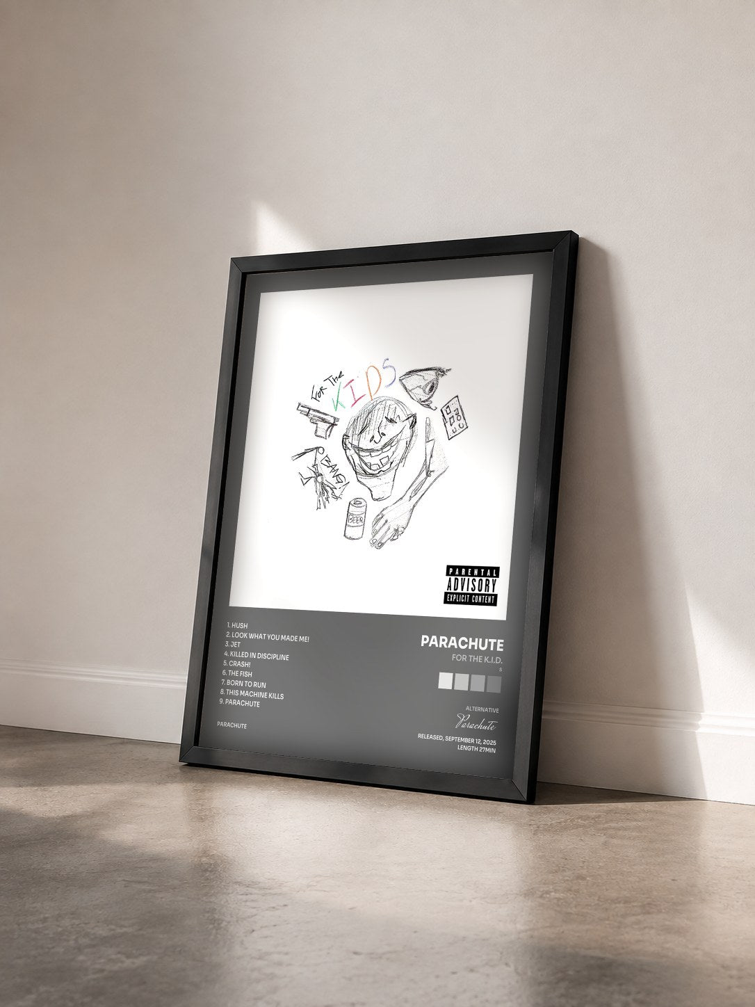 #noir Tableau de l'album For the K.I.D.(s) de Parachute vu de trois quarts, cadre noir