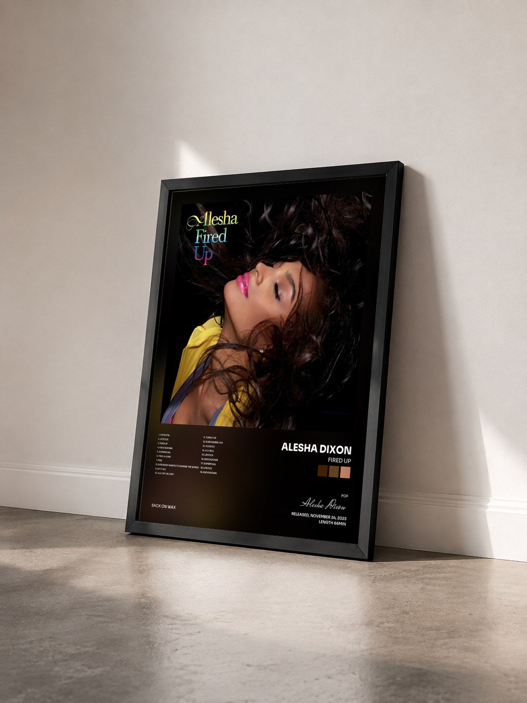 #noir Tableau de l'album Fired Up de Alesha Dixon vu de trois quarts, cadre noir
