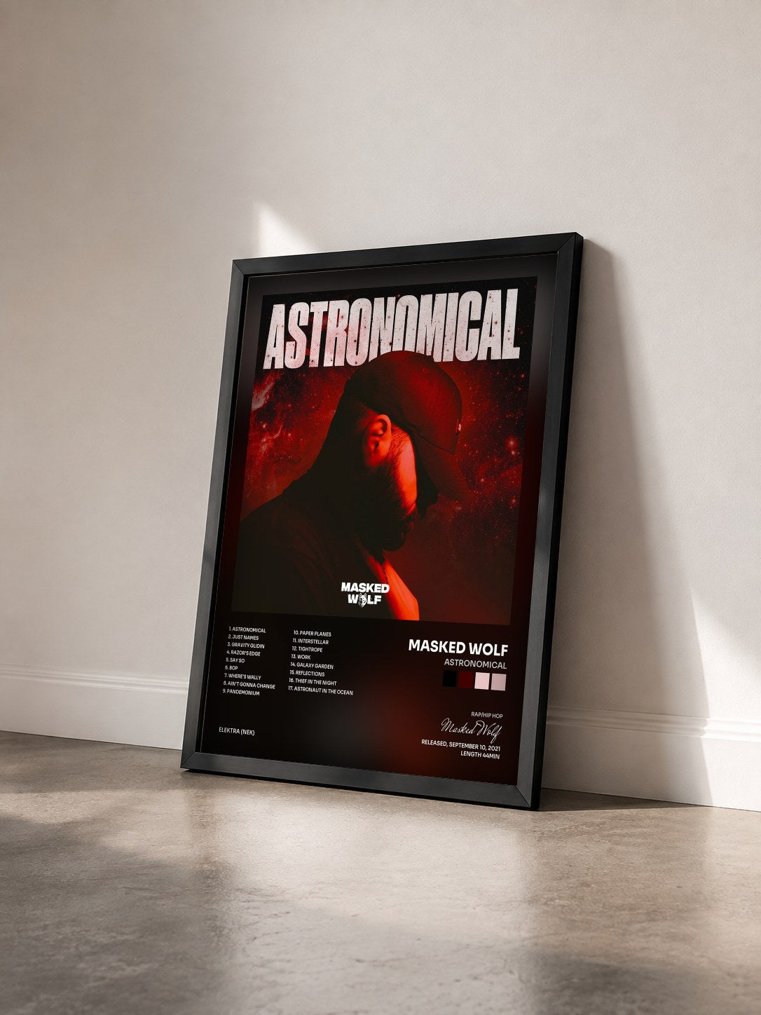 #noir Tableau de l'album Astronomical de Masked Wolf vu de trois quarts, cadre noir