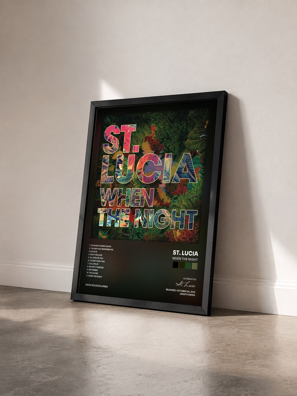 #noir Tableau de l'album When The Night de St. Lucia vu de trois quarts, cadre noir