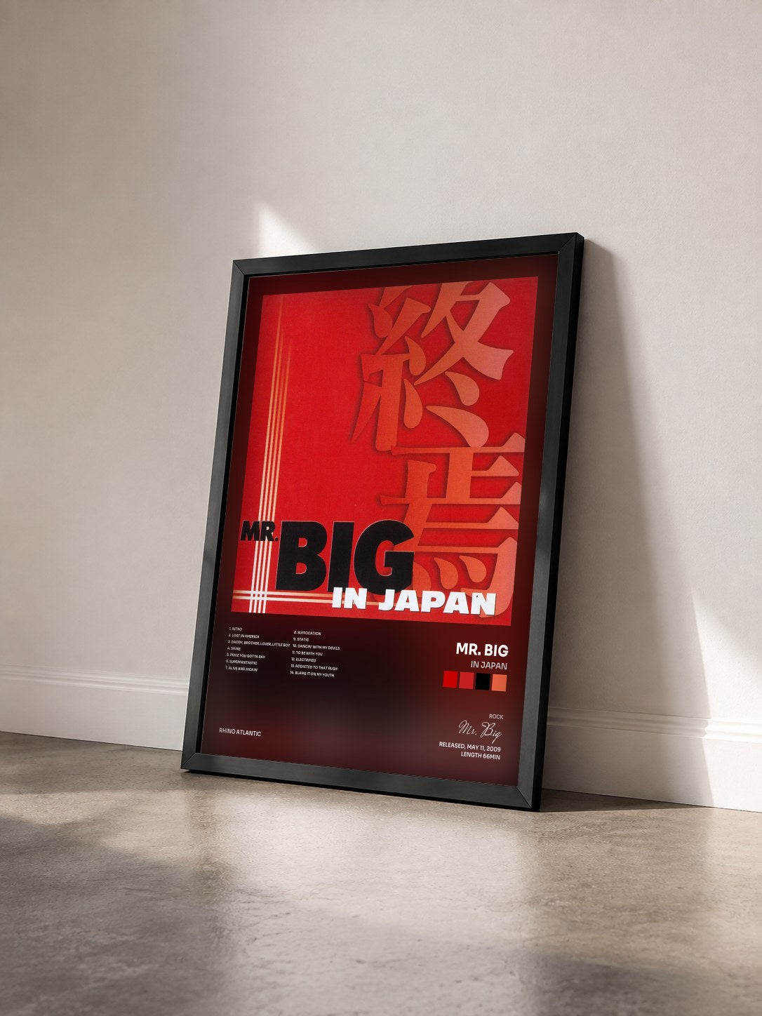 #noir Tableau de l'album In Japan de Mr. Big vu de trois quarts, cadre noir