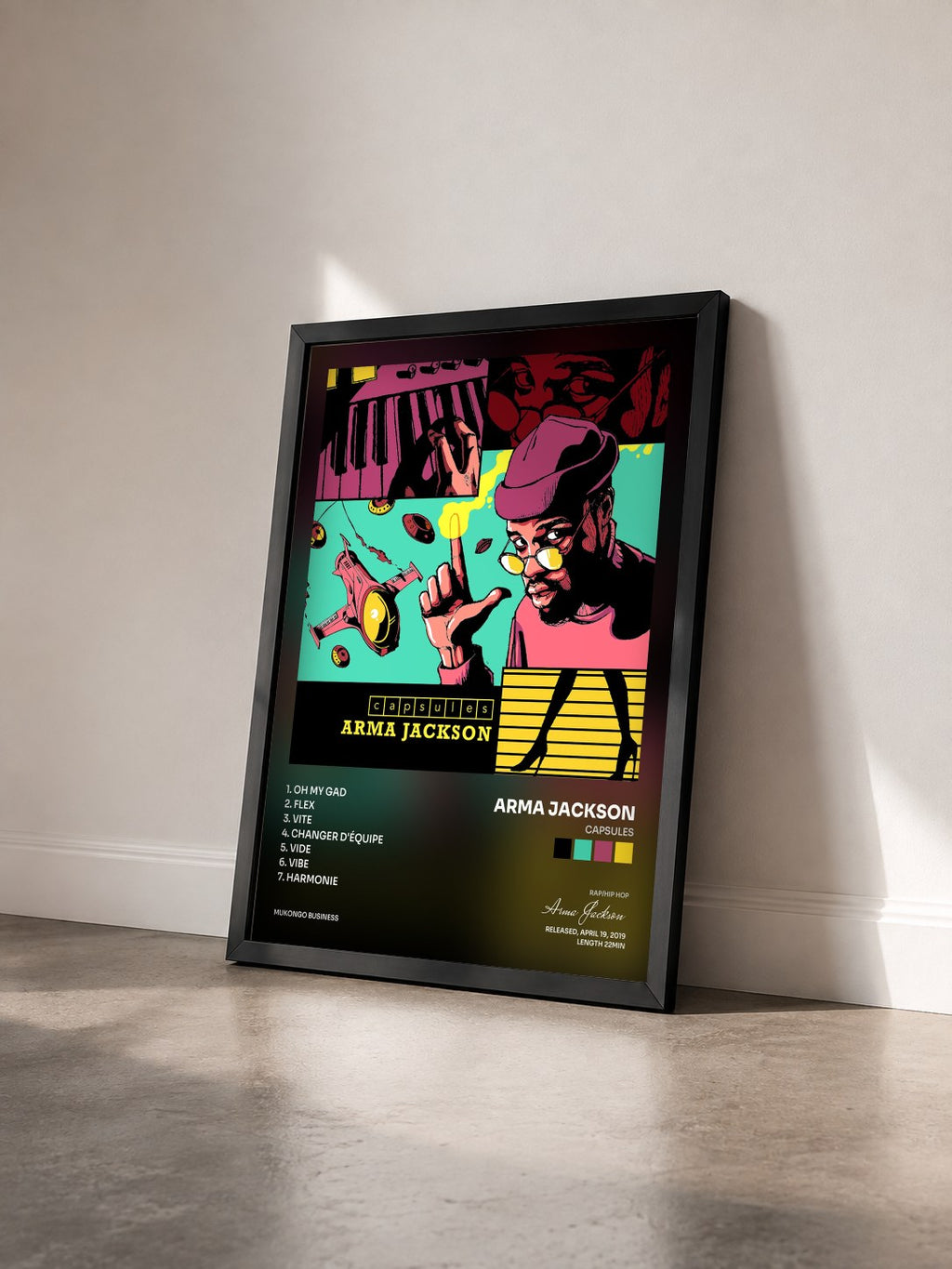 #noir Tableau de l'album Capsules de Arma Jackson vu de trois quarts, cadre noir