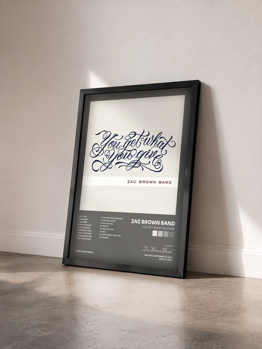 #noir Tableau de l'album You Get What You Give de Zac Brown Band vu de trois quarts, cadre noir