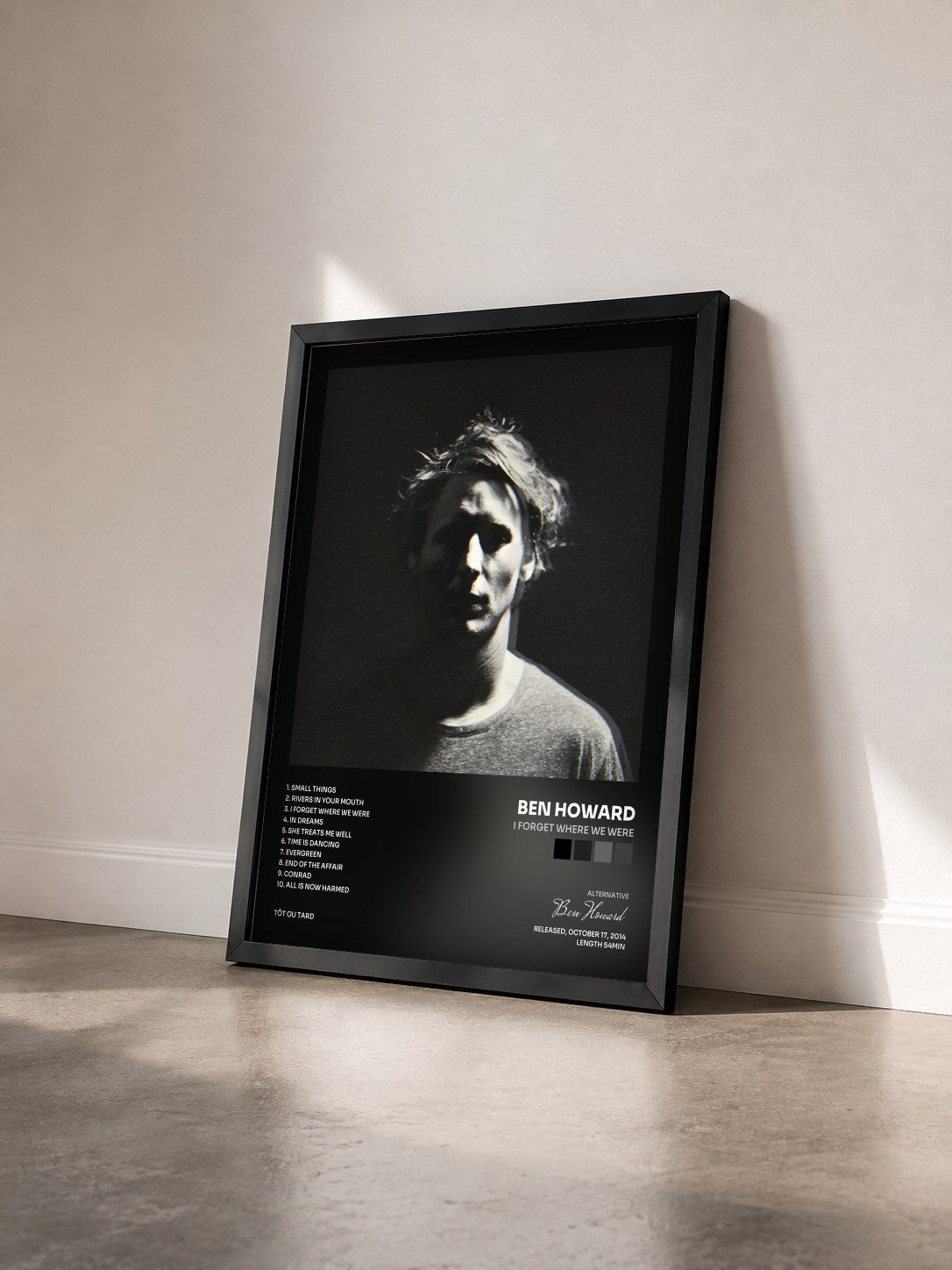 #noir Tableau de l'album I Forget Where We Were de Ben Howard vu de trois quarts, cadre noir