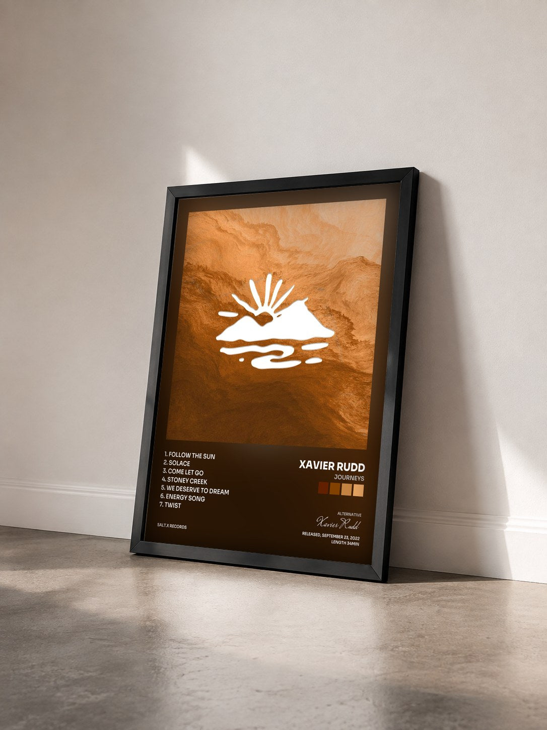 #noir Tableau de l'album Journeys de Xavier Rudd vu de trois quarts, cadre noir
